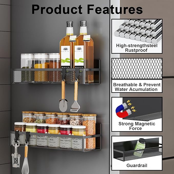 Magnetic Spice Rack for Refrigerator, 6 Pack Magnetic Shelf, Fridge Magnet Organizer with Moveable 12 Hooks, Magnetic Fridge Shelf for Kitchen Organization and Storage (6 Pack)