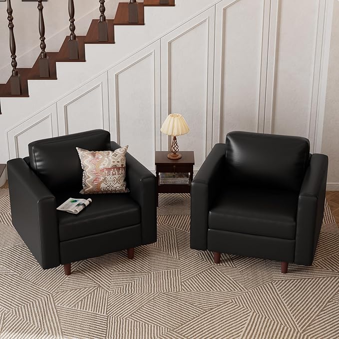 Faux Leather Oversized Accent Chair with Storage Deep Seat Single Sofa Large Reading Armchair for Living Room Bedroom Office Black Set of 2