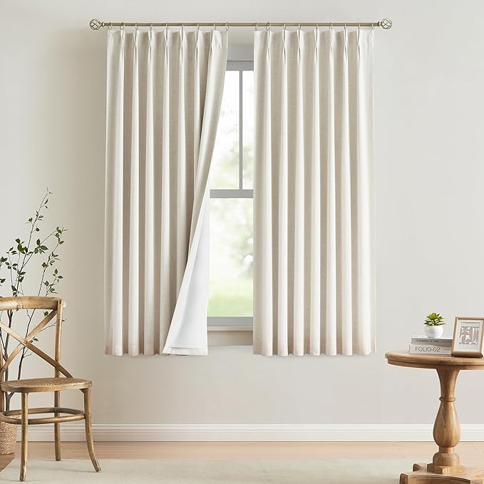 Vision Home Natural Pinch Pleated Full Blackout Curtains Linen Blended Room Darkening Window Curtains 72 inch for Living Room Bedroom Thermal Insulated Pinch Pleat Drapes with Hooks 2 Panel 40"Wx72"L