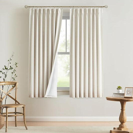 Vision Home Natural Pinch Pleated Full Blackout Curtains Linen Blended Room Darkening Window Curtains 72 inch for Living Room Bedroom Thermal Insulated Pinch Pleat Drapes with Hooks 2 Panel 40"Wx72"L