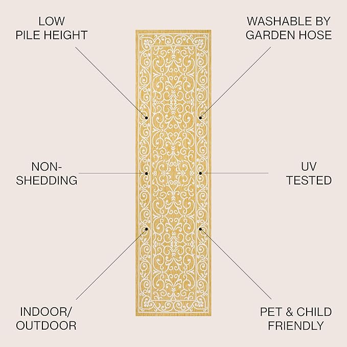 JONATHAN Y Vintage Filigree Indoor Outdoor Runner Rug 2X8 Yellow/Cream, Charleston Textured Weave for Backyard, Patio, Porch, Easy-Cleaning, High Traffic, Pet-Friendly, Non-Shedding (SMB106L-28)