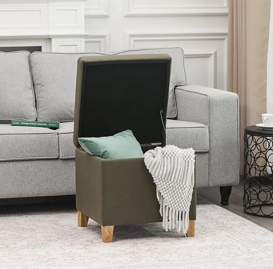 Adeco Fabric Storage Ottoman Bench with Solid Wood Legs, 17.7" Square Olive Green Leathaire Cube Foot Stool, Upholstered Button Tufted Vanity Chair with Hinged Lid for Living Room, Bedroom, Dorm