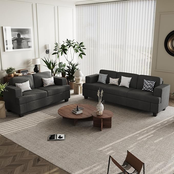 3 Seater Corduroy Couch for Living Room, 89” Black Cloud Sofa, Deep Seat Floor Couch for Bedroom, Futon Modern Sofa Sectional Bed, Black Corduroy