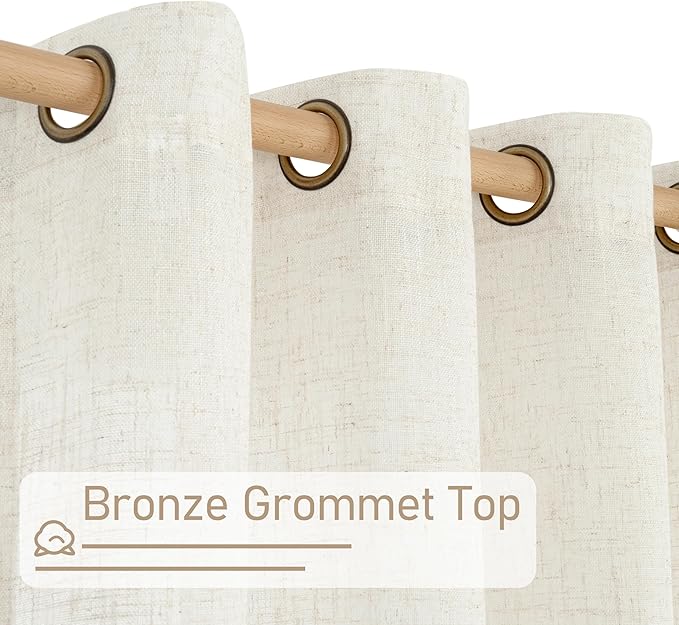 LAMIT Short Sheer Linen Curtains 40 inches Long, Bronze Grommet Linen Drapes Light Filtering Semi Sheer Curtains for Small Window/Kitchen/Farmhouse, 2 Panels (34 x 40 Inch, Cream)