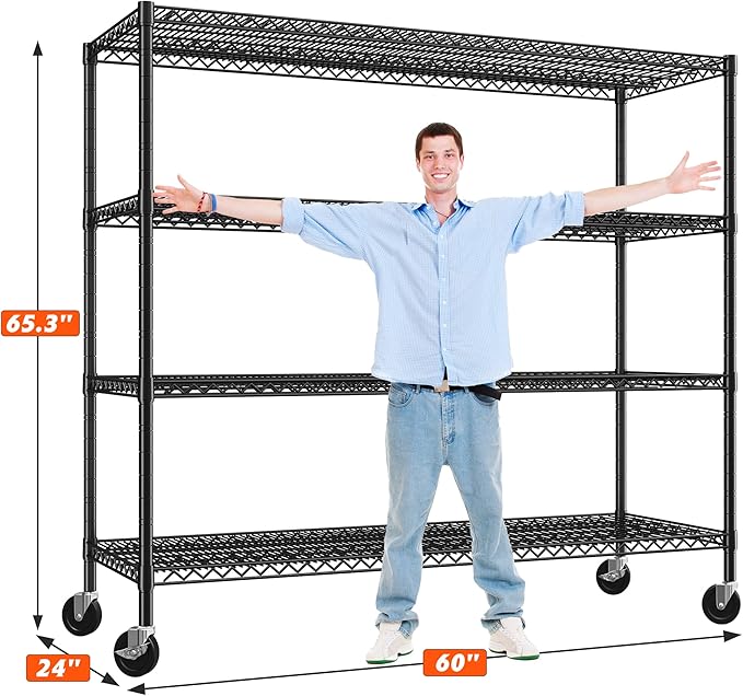 REIBII 60" W ×24" D×65.3" H, 4 Tier Wire Shelving 2878LBS Heavy Duty Steel Storage Rack Shelving Adjustable Shelves for Warehouses, Garages, Kitchens, and Commercial Spaces/Premium Wheels 2 Pack
