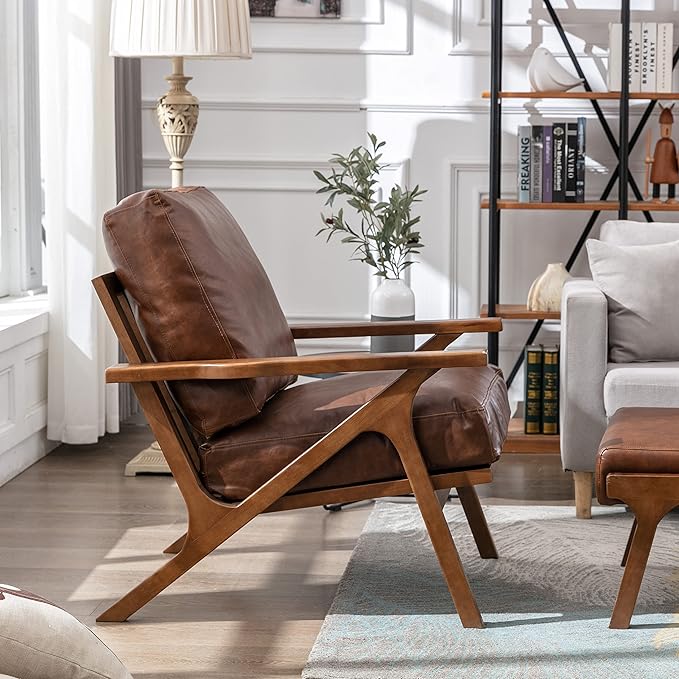 chairus Leather Accent Chair Mid Century Modern Armchair Compfy Upholstered Lounge Arm Chair for Living Room Fireplace/Bedroom/Reception/Dorms, PU Brown