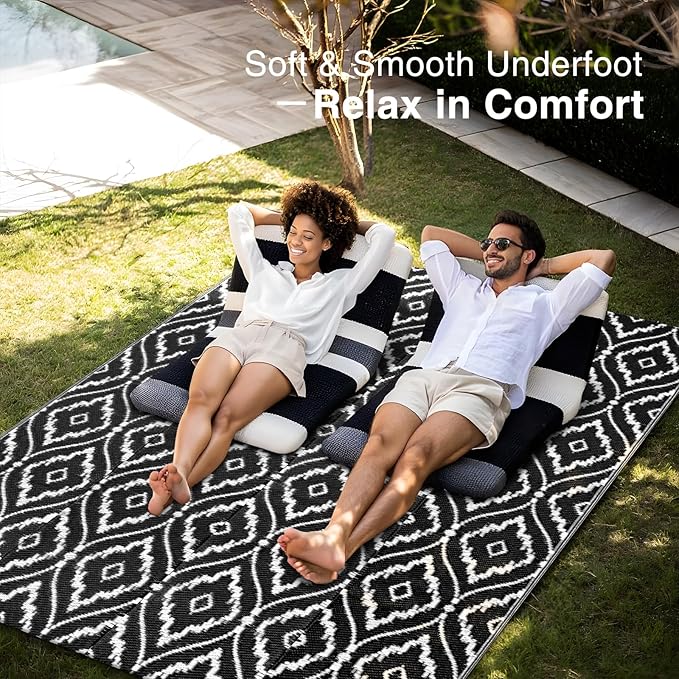 OLANLY Outdoor Rug 5x8 ft Waterproof, Outdoor Plastic Straw Rug with Geometric Pattern Clearance, Reversible RV Mat for Patio, Camping, Balcony, Deck, Backyard, Black & White