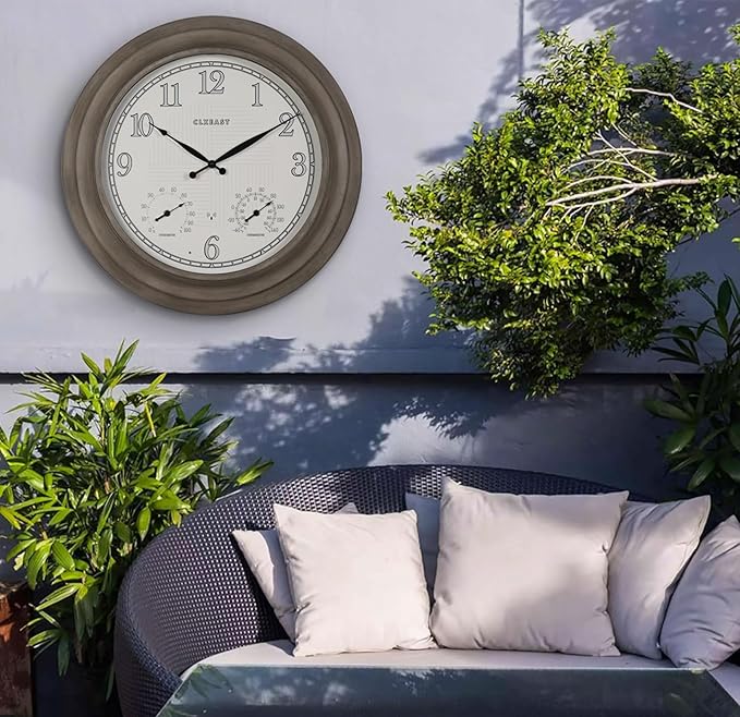 CLXEAST 24 Inch Self-Illuminated in/Outdoor Atomic Wall Clock with Temperature and Humidity, Oversized Large 24 Inch Wall Clocks for Living Room Decor, Brushed Grey Oak Wooden Finish