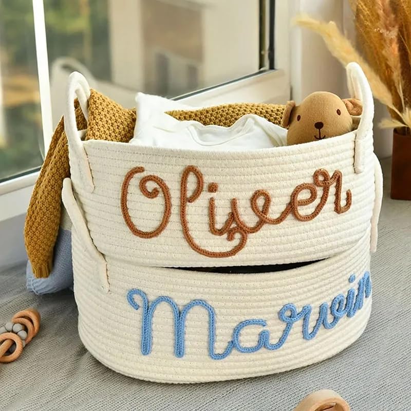 Personalized Baby Name Basket, Custom Woven Baby Shower Gift Basket with Cotton Rope Handle Baby Diaper Nursery Shelf Storage Basket Bin for Kids' Bedroom (Style 4)