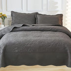 MarCielo 3-Piece 100% Cotton Oversized Bedspread Lightweight Quilt Coverlet Embroidery Farmhouse Bedding Set T0 (Dark Grey, Oversized Queen (100"x106"))