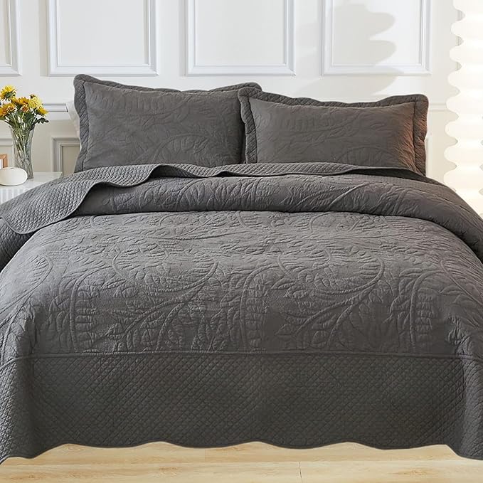 MarCielo 3-Piece 100% Cotton Oversized Bedspread Lightweight Quilt Coverlet Embroidery Farmhouse Bedding Set T0 (Dark Grey, Oversized Queen (100"x106"))