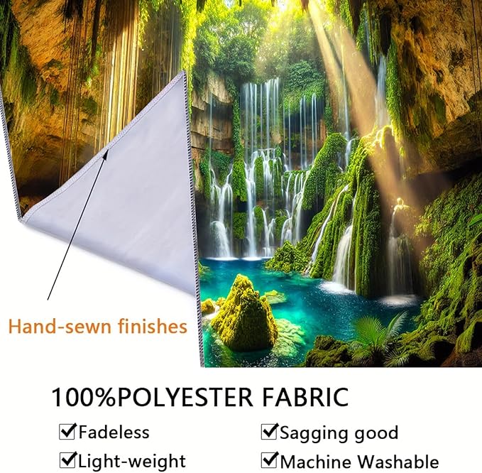 BSFHH Nature Tapestry Forest Tree Sea Cave Wall Hanging, Stream Through Rainforest Landscape Wall Art Tapestry for Bedroom Living room (Cave Waterfall, 110" × 87", Unframed)
