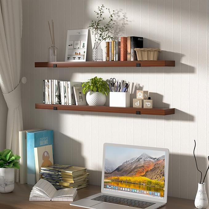 CONSDAN Floating Shelves for Wall Mounted Book Shelf Hanging Shelves Floating Bookshelf for Bedroom, Bathroom, Living Room, Kitchen USA Grown Solid Hardwood, Dark Maple 36x7.5x1.5 in (Set of 3)
