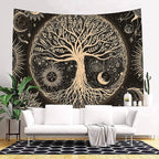 FORATER Tree of Life Tapestry Wall Hanging Sun Moon Stars Tapestries Aesthetic Galaxy Wall Tapestry Nature Home Decoration for Living Room Bedroom(36 x 48 Inch, Black and Gold)