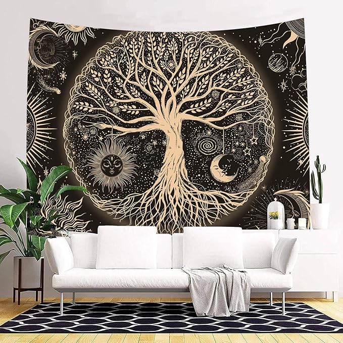 FORATER Tree of Life Tapestry Wall Hanging Sun Moon Stars Tapestries Aesthetic Galaxy Wall Tapestry Nature Home Decoration for Living Room Bedroom(53 x 61 Inch, Black and Gold)