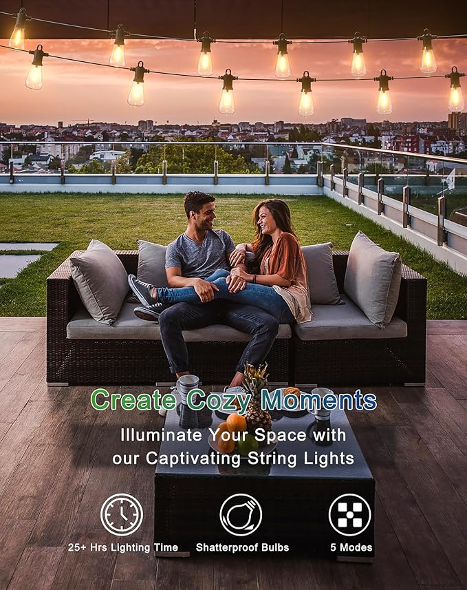 Solar String Lights Outdoor Waterproof 50FT with USB Port and 27 Shatterproof ST38 Bulbs(2 Spare), LED Solar Powered Patio Lights for Outside, Porch, Backyard, Bistro, Garden, Market - 2200K