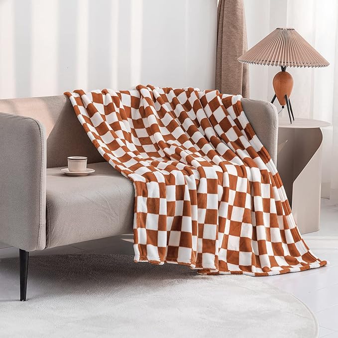 LOMAO Throw Blankets Flannel Blanket with Checkerboard Grid Pattern Soft Throw Blanket for Couch, Bed, Sofa Luxurious Warm and Cozy for All Seasons (Maple Brown, 90"x90")