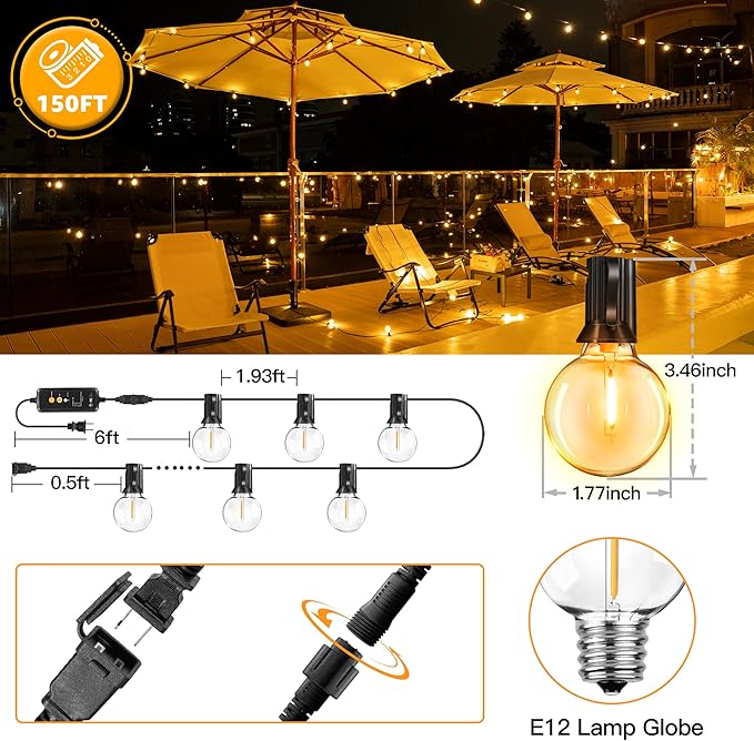 Outdoor String Lights 150FT with Remote Dimmer, G40 Globe LED Patio Lights with 75 Edison Plastic Bulbs(4 Spare), Waterproof Connectable Hanging Lights for Backyard Porch Balcony Yard Deck Party Decor