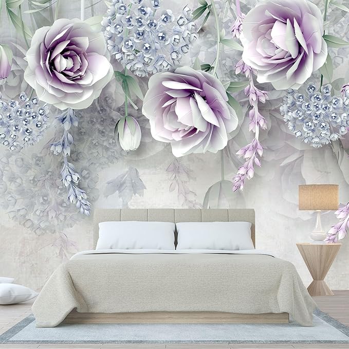 WFBHUA-Purple Rose Floral 3D Wallpaper Mural Modern Flower Leaf Wallpaper for Bedroom Wall Murals Decoration(Not Peel and Stick)