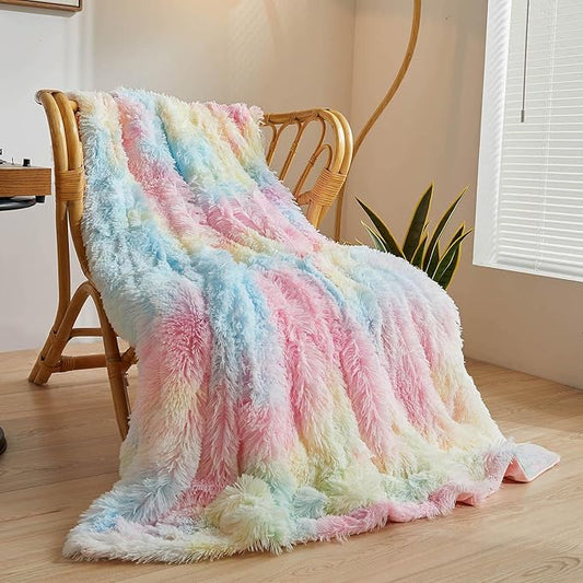XeGe Luxury Faux Fur Blanket, Rainbow Soft Big Fluffy Throw, Shaggy Plush Decorative Couch Throw, Cute Furry Fuzzy Blanket for Bed Bedroom Living Room Rainbow, 60x90
