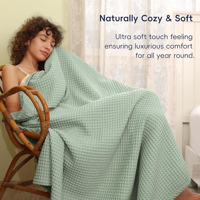 PHF Ultra Soft Waffle Weave Throw Blanket 50"x 60"- Washed Lightweight Breathable Cozy Woven Blanket for Bed - Aesthetic Decor for Couch Bedding Sofa Home Car - Sage Green/Mint Green