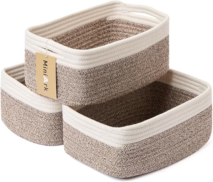 Small Storage Baskets for Organizing | Closet Organizer Bins | Shelf Toy Basket | Woven Rope Baskets | Cube Decorative Box | Shallow Basket | 13x8.5x5.1” | 3 Packs White Brown