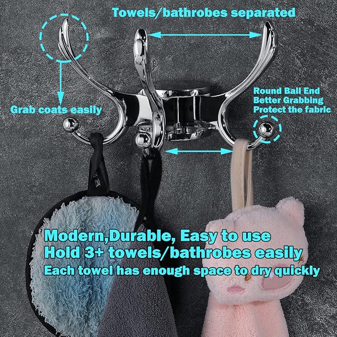 Heavy Duty Swivel Coat Hook Space Saving Towel Rope Hook Wall Mount Triple Swing Arms for RV Bathroom Kitchen Garage,Polished Chrome