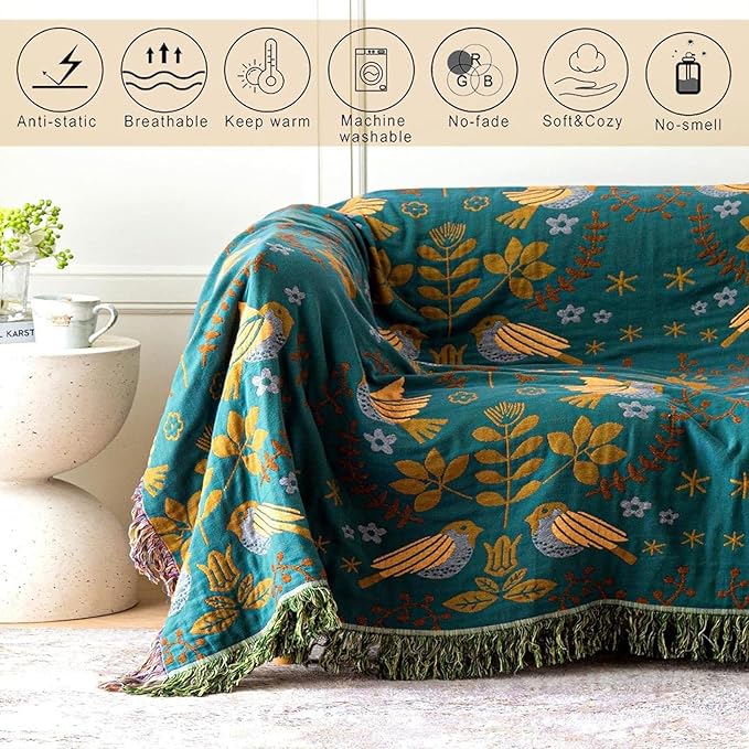 MSGKV Boho Throw Blanket Queen Size Cotton Blanket for Couch and Sofa Living Room Blanket Summer Bed Cozy Gauze Blanket 90" x 90"