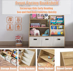 Kids Bookshelf and Toy Storage Organizer, Montessori Nursery Book Shelves with 3 Tier Sling Rack & Fabric Toy Bins, Children Toddler Baby Bookshelf, Wooden Toy Shelf for Kids Room Playroom