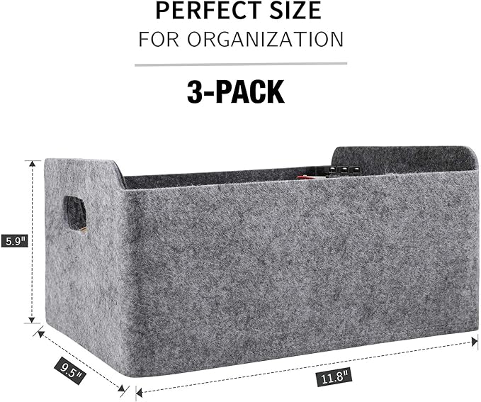 Welaxy Storage Baskets Collapsible Felt Storage bin Foldable Shelf Drawers Organizers for Kids Pet Toys magazine Books Clothes Closet Cabinet decluttering (Charcoal x 3)