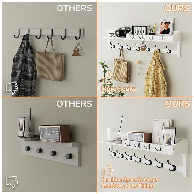 AMBIRD 35 inch Coat Rack Wall Mount, Extra Long Coat Hooks Wall Mount, Entryway Shelf with 7 Dual Coat Hooks 4 Key Hooks Mail Organizer, Wooden Wall Coat Rack with Hooks, Key Holder Rack (White)