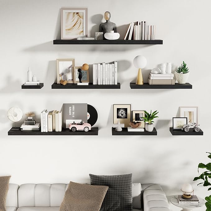 Fun Memories Floating Shelves for Wall, 32 Inch Long Floating Shelves Set of 2, 32 x 10 Wooden Shelves for Wall, Large Storage Shelves, Hanging Shelves for Bathroom Kitchen Bedroom, Black