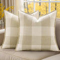decorUhome Buffalo Plaid Check Fall Throw Pillow Covers 24x24 Set of 2, Outdoor Decorative Farmhouse Pillow Covers with Stitched Edge for Bed Couch Sofa, Cream White and Beige