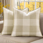 decorUhome Buffalo Plaid Check Fall Throw Pillow Covers 24x24 Set of 2, Outdoor Decorative Farmhouse Pillow Covers with Stitched Edge for Bed Couch Sofa, Cream White and Beige