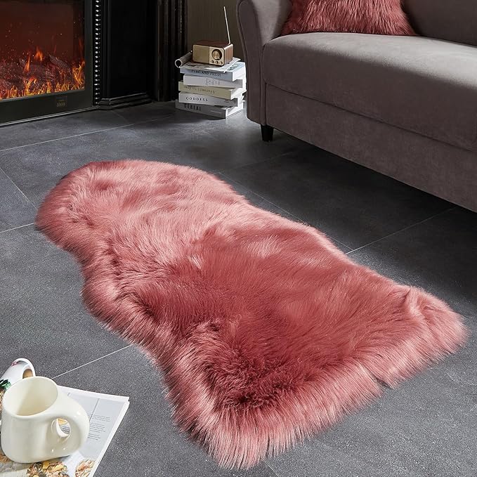 AMTOVO Faux Fur Rug, Blush Pink Area Rug, Fluffy Sheepskin Rug, Fuzzy Ultra Soft 2 x 4 ft Shag Rugs for Bedroom Sofa Throw Cushion Room Decor, Sheepskin