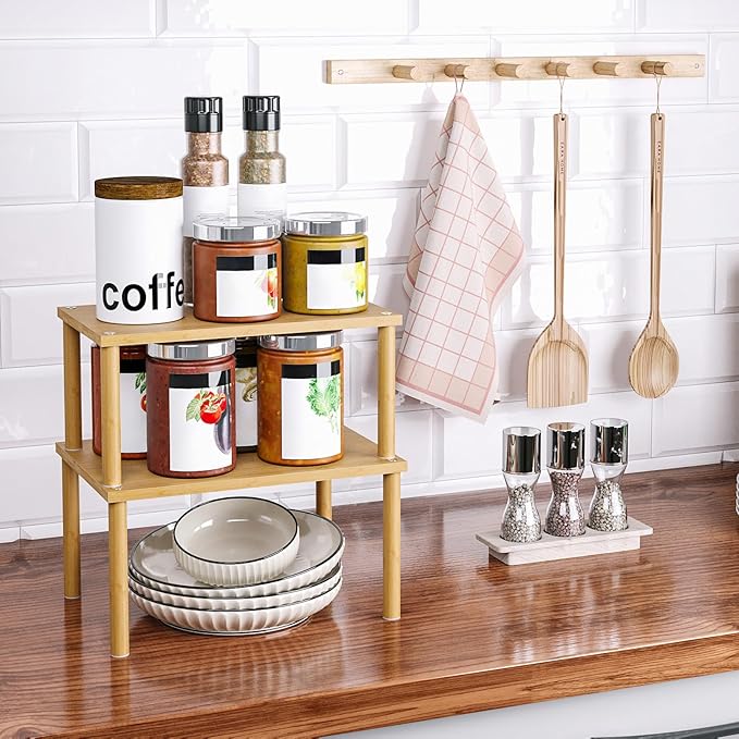 Cabinet Organizer Shelf(Set of 2),Kitchen Counter Shelves,Bamboo Stackable Expandable Spice Rack Countertop(Medium)