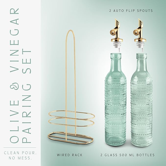 COOK WITH COLOR Glass Olive Oil Bottle Dispenser - 2 Pack- 17oz Oil and Vinegar Cruet - Olive Oil Carafe Decanter for Kitchen