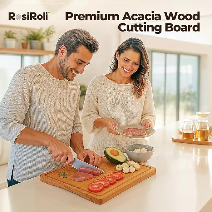 Acacia Wood Cutting Board for Kitchen, 3 Set with Holder - FSC Certified Large Wood Charcuterie Cheese Board with Handles and Juice Grooves, Wooden Chopping Block, Ideal Gift Set of 3 (S/M/L)