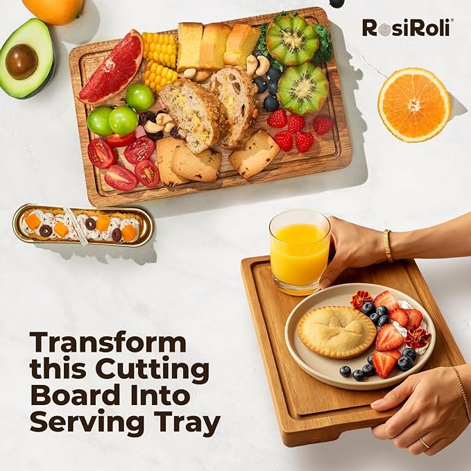 Acacia Wood Cutting Board for Kitchen - 0.8 inch Thick Wood Charcuterie Cheese Board with Side Handles and Juice Grooves, Wooden Chopping Block for Meat and Veggies, 13x10 inch