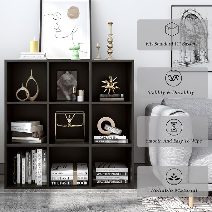 9-Cube Storage Shelf Bookcase - Wooden 3-Tier Free Standing Open Bookshelf for Home and Office, Organizer Cabinet in Black