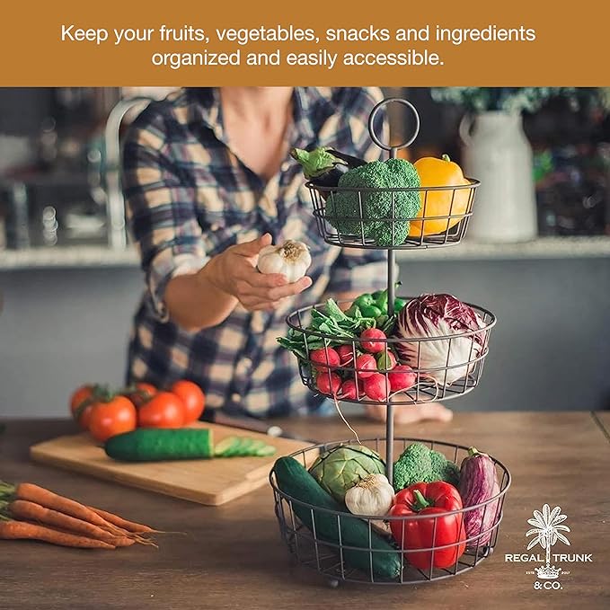 REGAL TRUNK & CO. 3 Tier Fruit Basket, Elegant French Country Wire Baskets, Three Tiered Wire Basket Stand for Vegetables, Bread & More for Countertop or Hanging, Christmas or Birthday Present