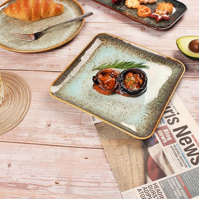 Ceramic Dinner Plates Dish Set,Set of 4,for Lunch snacks -Microwave Oven & Dishwasher Safe,Scratch Resistant,Dinnerware Kitchen Porcelain Serving Dishes,9 inch Square
