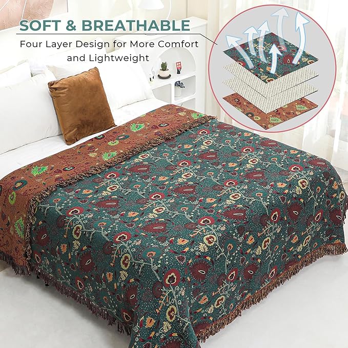 Boho Fall Throw Blanket for Bed，100% Ultra Cotton Soft Breathable Bed Throw Floral Printed Farmhouse Decor Rustic Bed Throws for Couch Sofa Quilt 90" x 98"