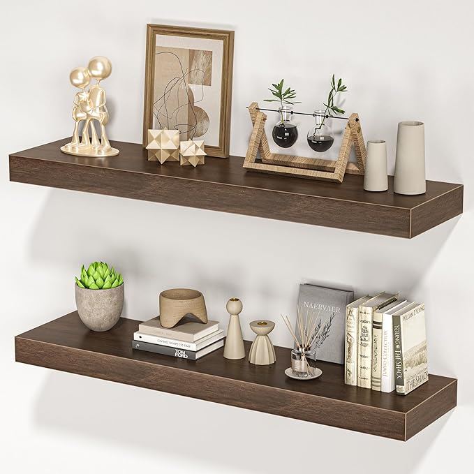 Floating Shelves for Wall, 31.5"W x 6.7"D x 1.5"H, Wooden Wall Mounted Display Shelves with Invisible Brackets for Living Room, Bedroom, Bathroom, Kitchen Decor and Storage, Set of 2, Walnut
