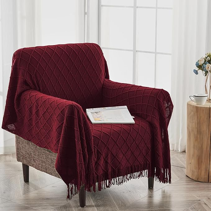 inhand Knitted Throw Blankets for Couch and Bed, Soft Cozy Knit Blanket with Tassel, Claret Lightweight Decorative Blankets and Throws, Farmhouse Warm Woven Blanket for Men and Women, 60"x80"