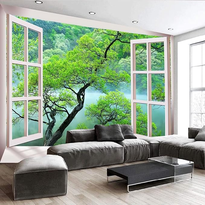 FENDROM Misty Lake Forest Tapestry Wall Hanging Nature Green Tree Landscape Window View Tapestries for Bedroom Living Room Dorm Decor
