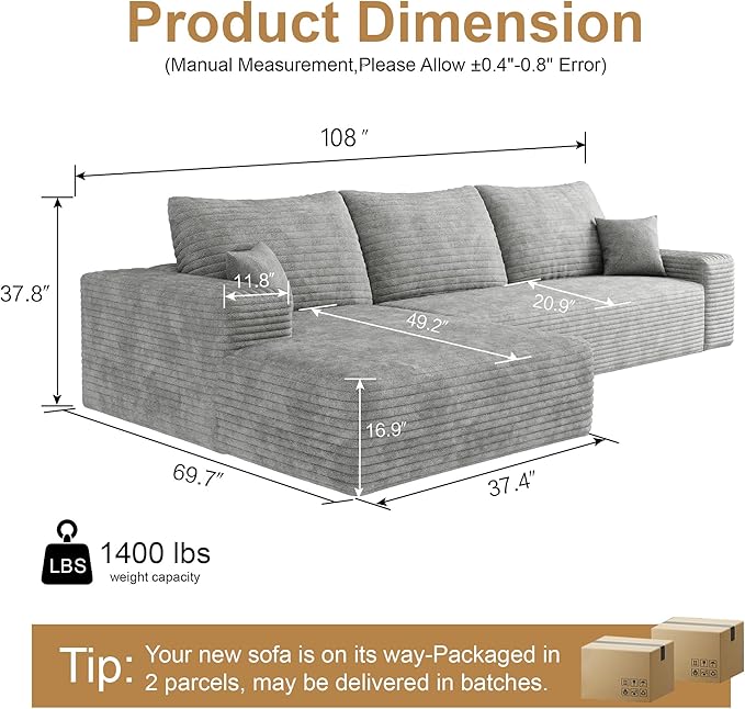 108" Sectional Couches for Living Room Modern Modular Sofa with L-Shape Couchs Upholstered Boneless Couch Deep Seat Sectional Couch with Chaise (Grey, Left Facing Chaise+2Seaters)