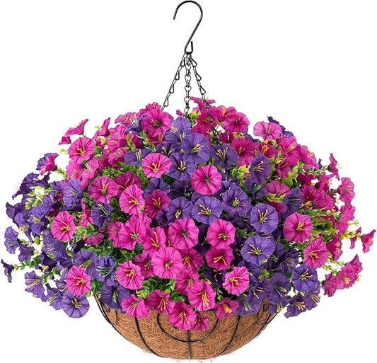 Artificial Faux Hanging Flowers Plants Basket for Spring Summer Outdoors Decoration, Silk Morning Glory with Eucalyptus Look Real UV Resistant Fake Flowers for Outside Porch Patio Balcony Home, Mix