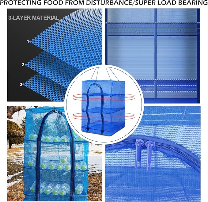 Drying Rack 6 Layers Folding Fish Mesh, Foldable Nylon Netting, Hanging Drying Fish Net, for Shrimp Fish Fruit Vegetables Herb, with Zipper Opening-Blue (37.4X19.6X19.6 in)…