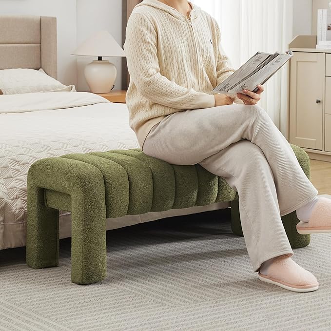 43.3" Bedroom Bench, Upholstered Entryway Bench, Modern End of Bed Ottoman with Solid Wood Legs and Adjustable Foot Pegs for Entryway, Dining Room and Living Room (Green Boucle)